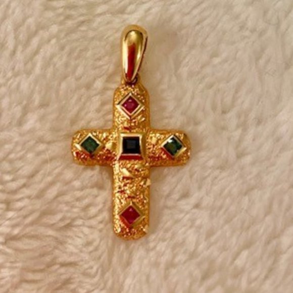 Jewelry - Gold Cross with Emerald/Ruby/Sapphire Stones
